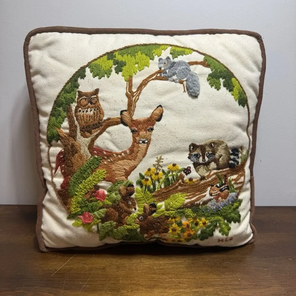 Vtg 70s Sunset Crewel Woodland Animal Throw Pillow Brown Corduroy Back Owl Fawn